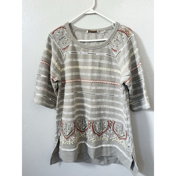 Soft Surroundings Artiste Tunic Top Striped Embroidered Beaded Gray XS New Boho - Picture 2 of 10